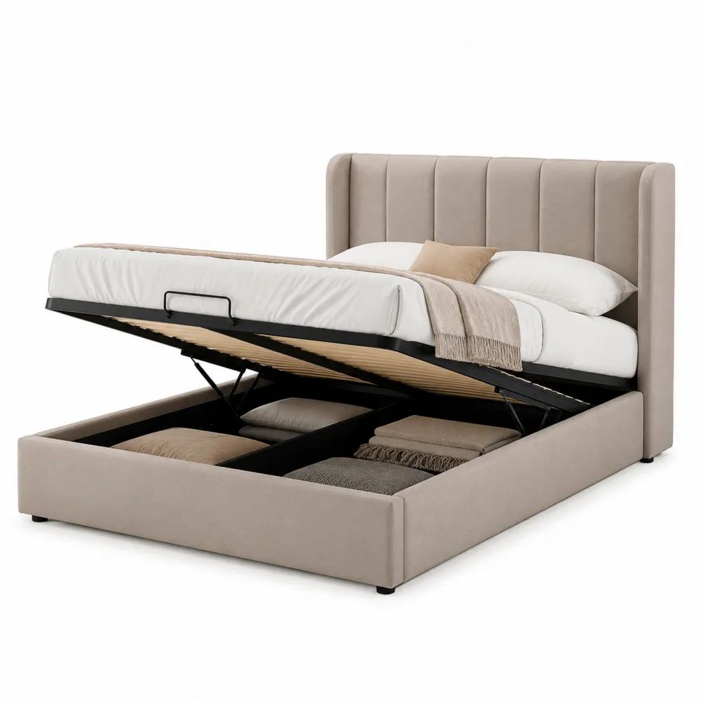 Stauraumbett Polsterbett 160 x 200 cm Beige mit Bettkasten und gepolstertem Kopfteil