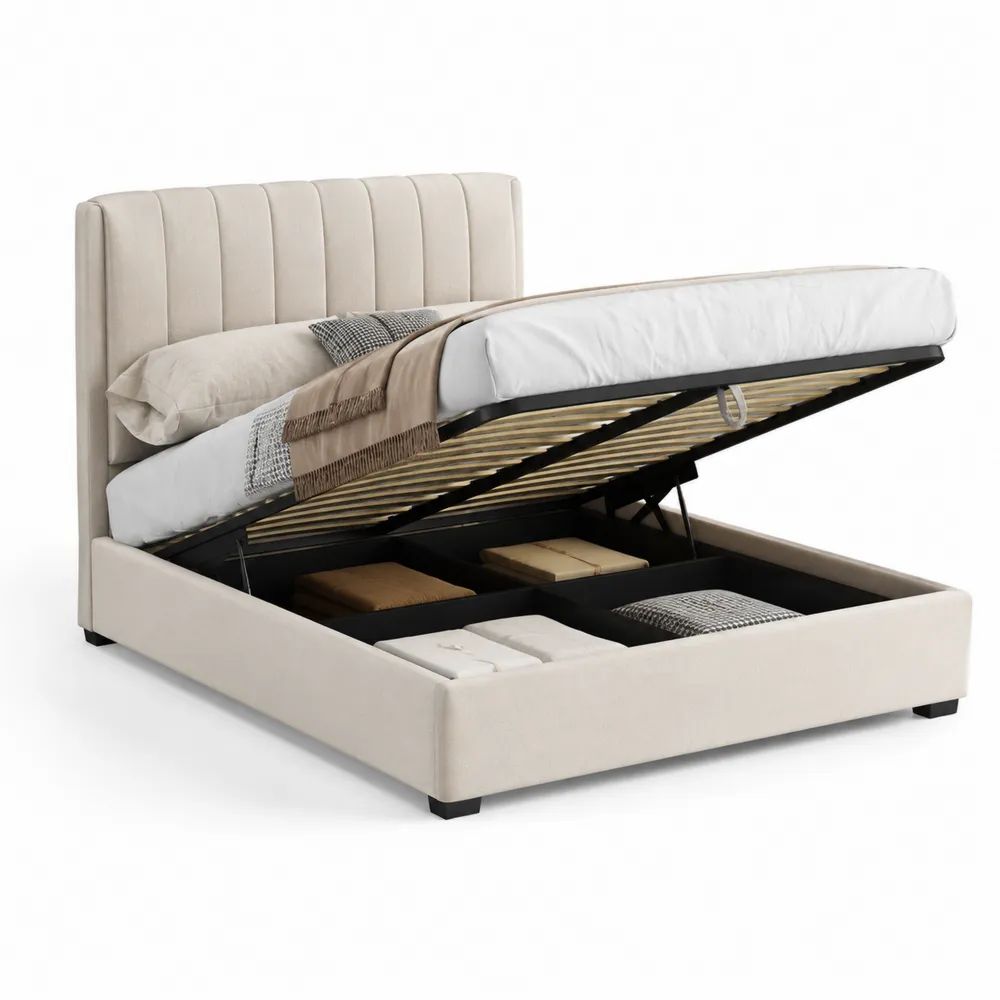 Stauraumbett 160 x 200 cm Beige Polsterbett mit Bettkasten, Hebemechanismus und gepolstertem Kopfteil