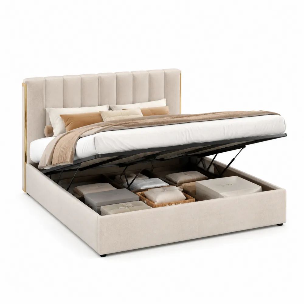 Stauraumbett Polsterbett 180 x 200 cm Beige mit Bettkasten Hebefunktion und gepolstertem Kopfteil