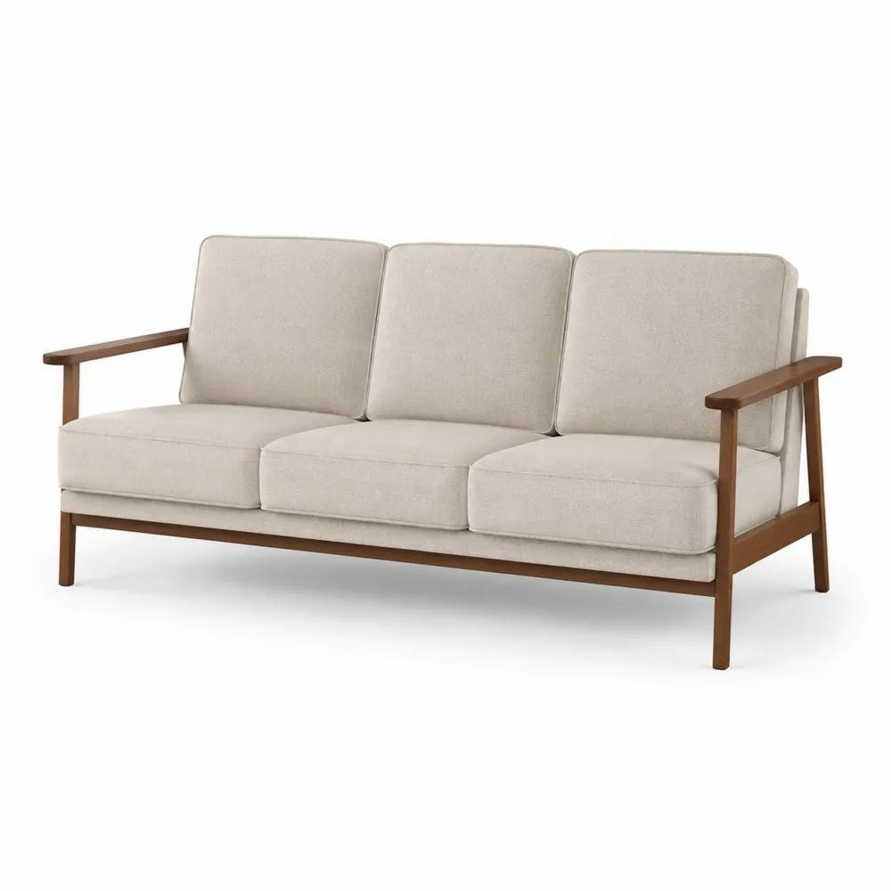 3 Sitzer Sofa Stoff 210 x 90 x 85 cm Beige mit Holzrahmen und gepolsterten Sitzkissen