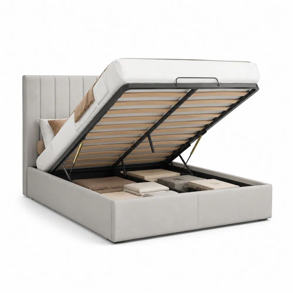 Stauraumbett Beige Polsterbett mit Hebefunktion und Bettkasten 180 x 200 cm