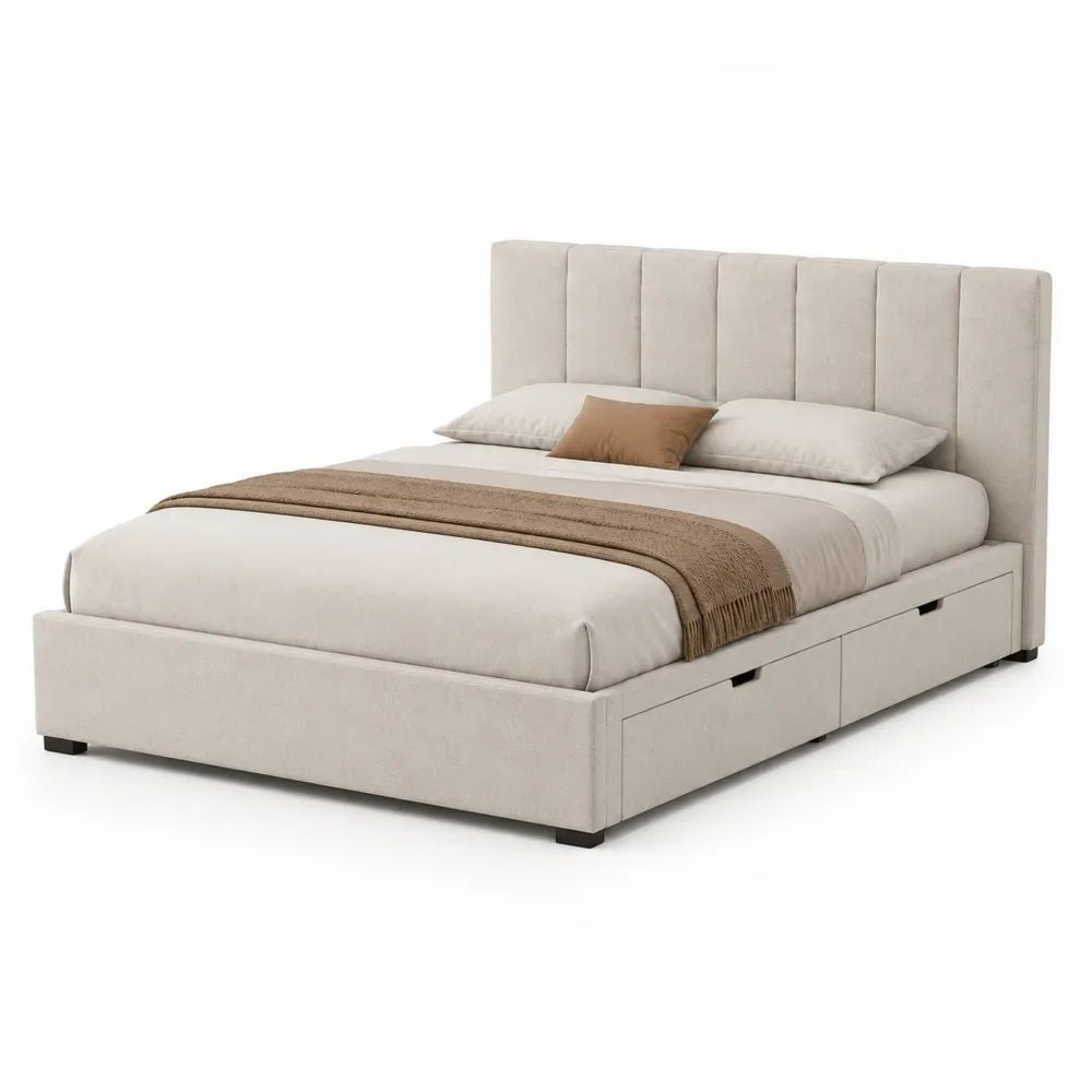 Stauraumbett 160 x 200 cm Beige Polsterbett mit Bettkasten, Schubladen und gepolstertem Kopfteil