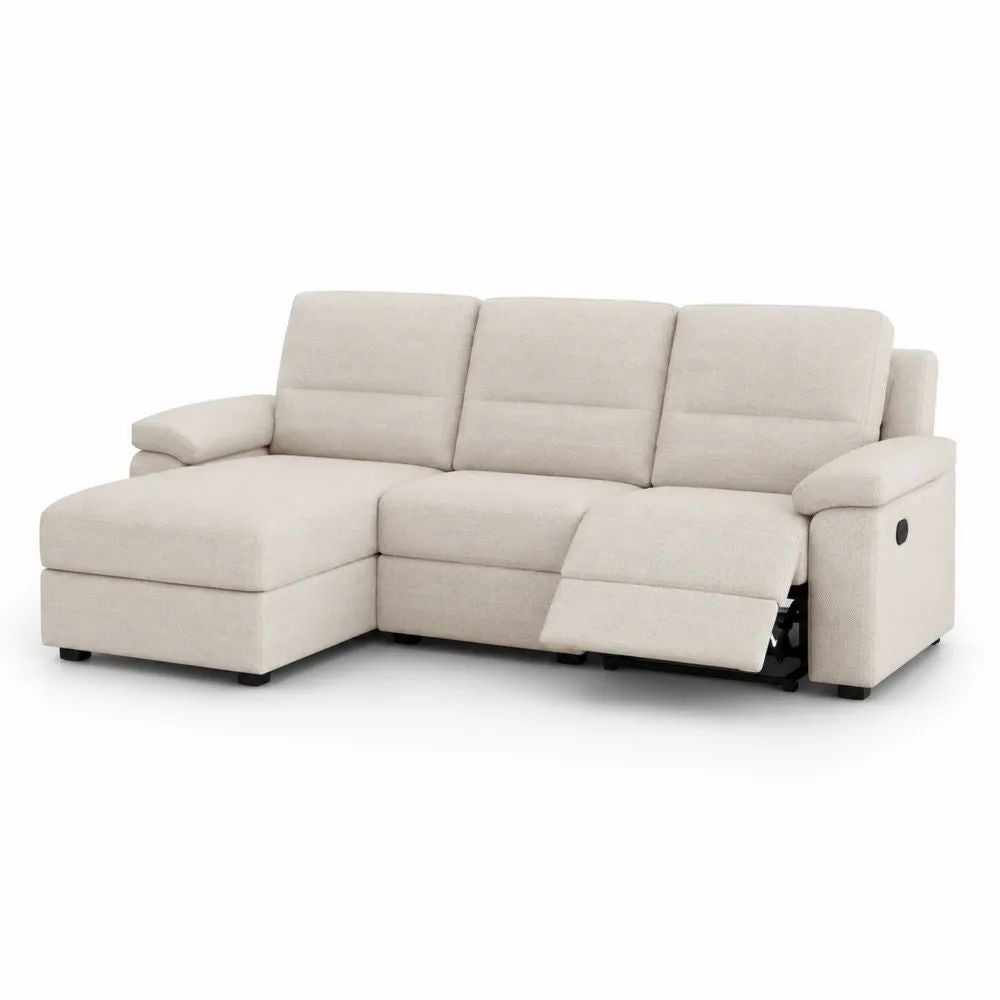 Ecksofa 250 x 160 x 85 cm Creme mit Polyesterbezug, Ottomane und elektrischer Relaxfunktion