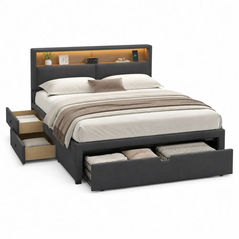 Stauraumbett 180 x 200 cm Grau/Schwarz mit Schubladen LED Kopfteil und Polsterung